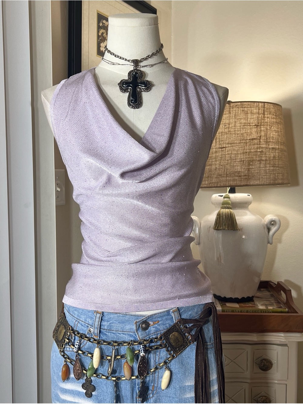 White House Black Market Lavender Draped Sequin Knit Tank